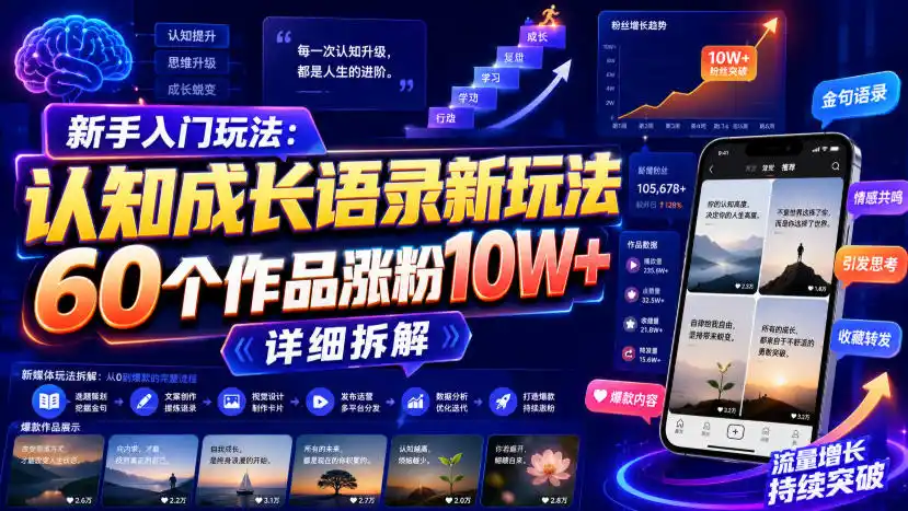新手入门玩法:认知成长语录新玩法,60个作品涨粉10W+,详细拆解-云网创