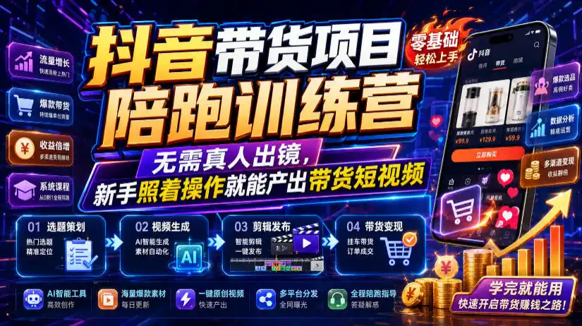 抖音带货项目陪跑训练营，无需真人出镜，新手照着操作就能产出带货短视频(更新0811)-云网创