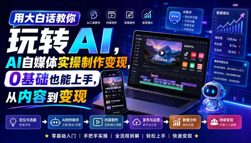 用大白话教你玩转AI,AI自媒体实操制作变现,0基础也能上手,从内容到变现-云网创