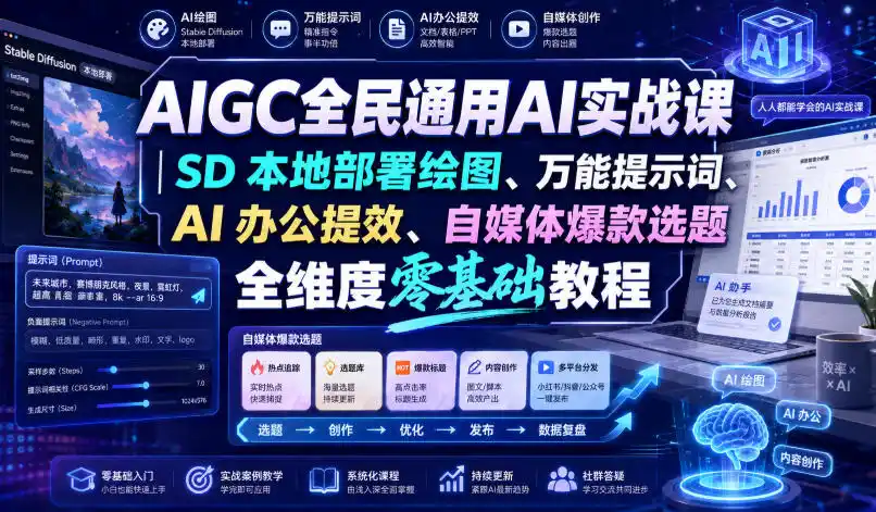 AIGC全民通用AI实战课｜SD本地部署绘图、万能提示词、AI办公提效、自媒体爆款选题全维度零基础教程-云网创