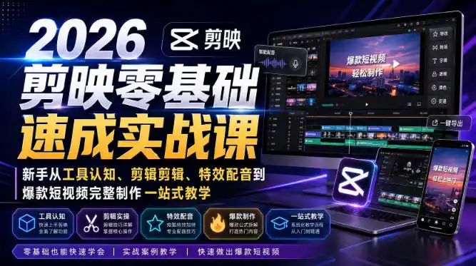 2026剪映零基础速成实战课｜新手从工具认知、剪辑剪辑、特效配音到爆款短视频完整制作一站式教学-云网创