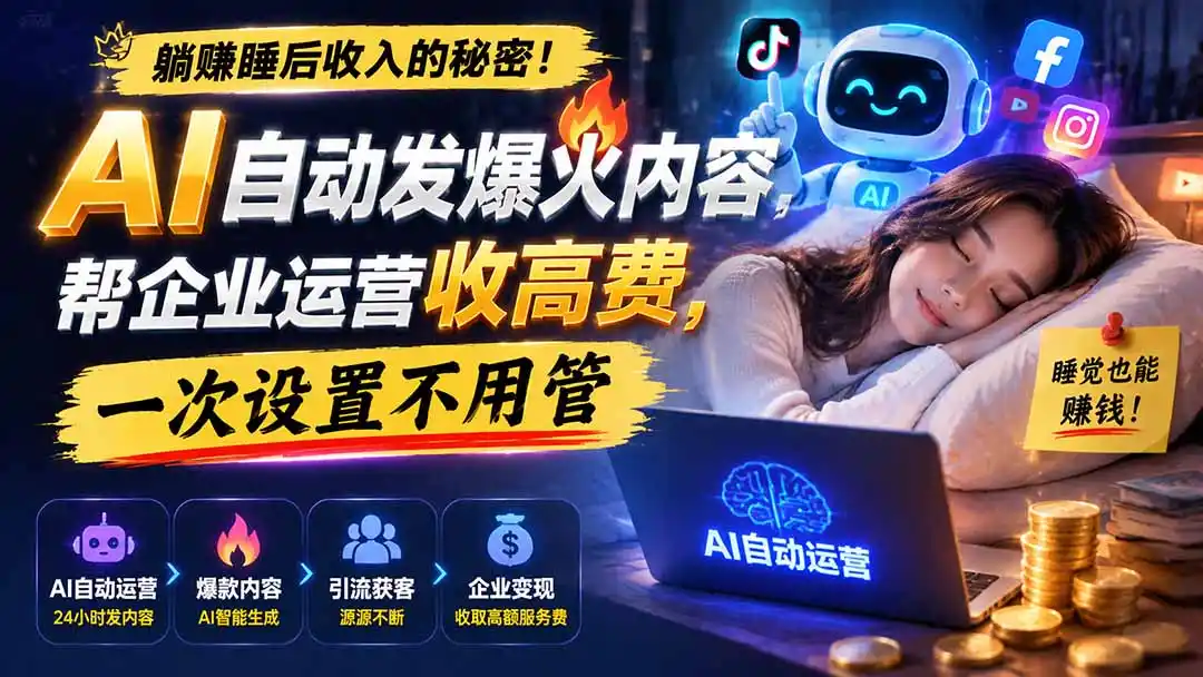 躺赚睡后收入的秘密!AI 自动发爆火内容,帮企业运营收高费,一次设置不用管【原创双语字幕】-网创学院