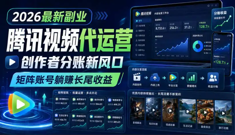2026最新副业之腾讯视频代运营：创作者分账新风口，矩阵账号躺賺长尾收益【揭秘】-网创学院