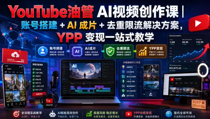 YouTube油管AI视频创作课｜账号搭建+AI成片+去重限流解决方案，YPP变现一站式教学(更新0809)-云网创