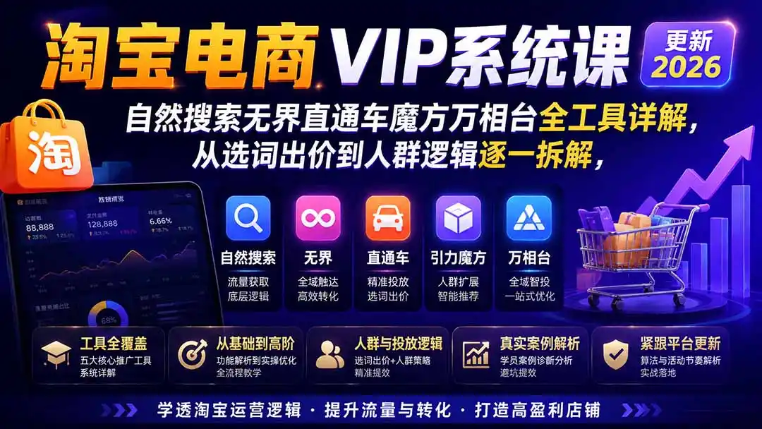 淘宝电商VIP系统课-更新8月；自然搜索无界直通车魔方万相台全工具详解，从选词出价到人群逻辑逐一拆解-云网创