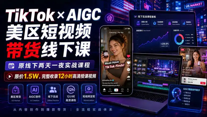 TikTok×AIGC美区短视频带货线下课，原线下两天一夜实战课程，原价1.5W，完整收录12小时高清授课视频-云网创