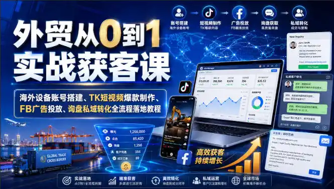 外贸从0到1实战获客课|海外设备账号搭建、TK短视频爆款制作、FB广告投放、询盘私域转化全流程落地教程-网创学院