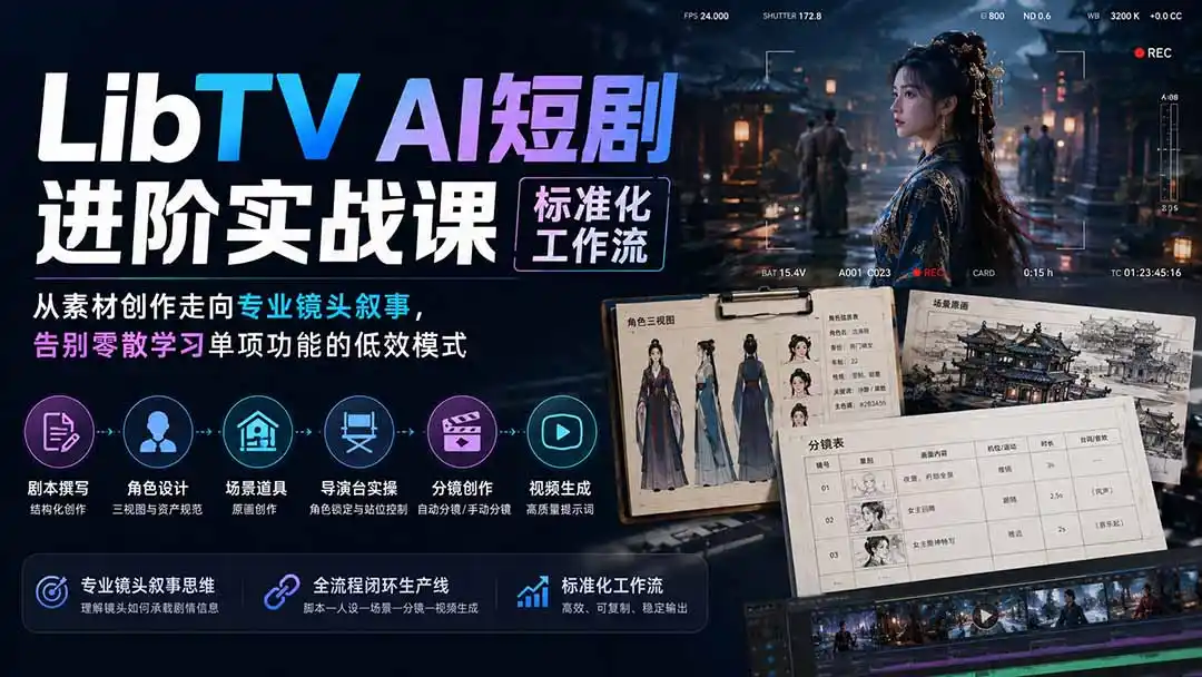 LibTV AI短剧进阶实操课标准化工作流;从素材创作走向专业镜头叙事,告别零散学习单项功能的低效模式-网创学院